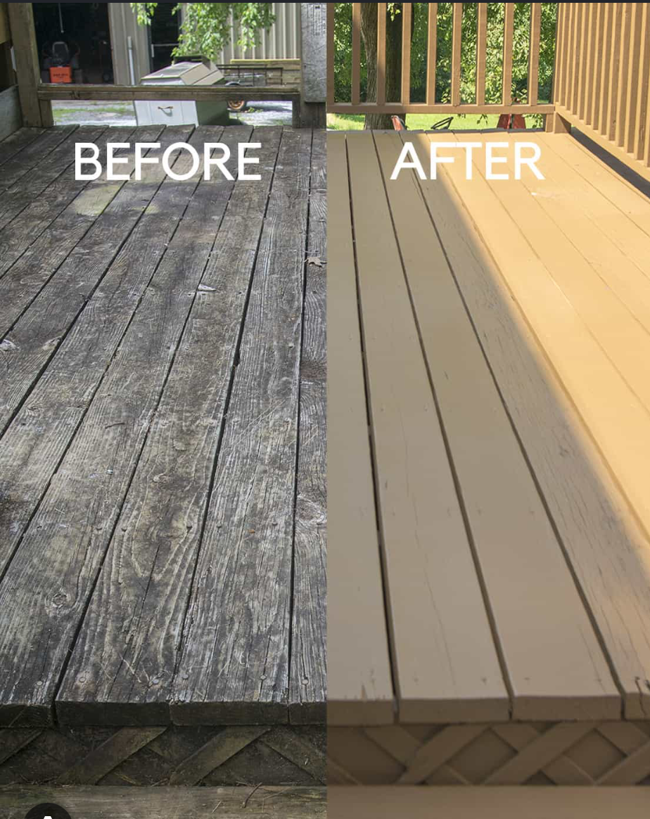 Before and after of a weathered wood deck cleaned and re-stained