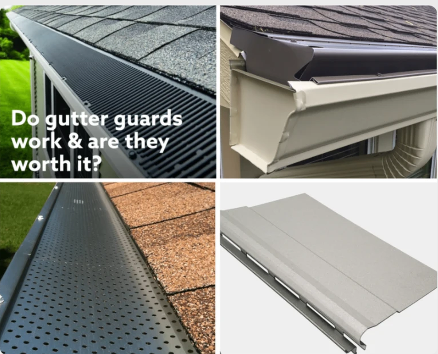 Four gutter cover styles — mesh guard, reverse-curve cover, perforated aluminum guard, and a solid gutter cover panel