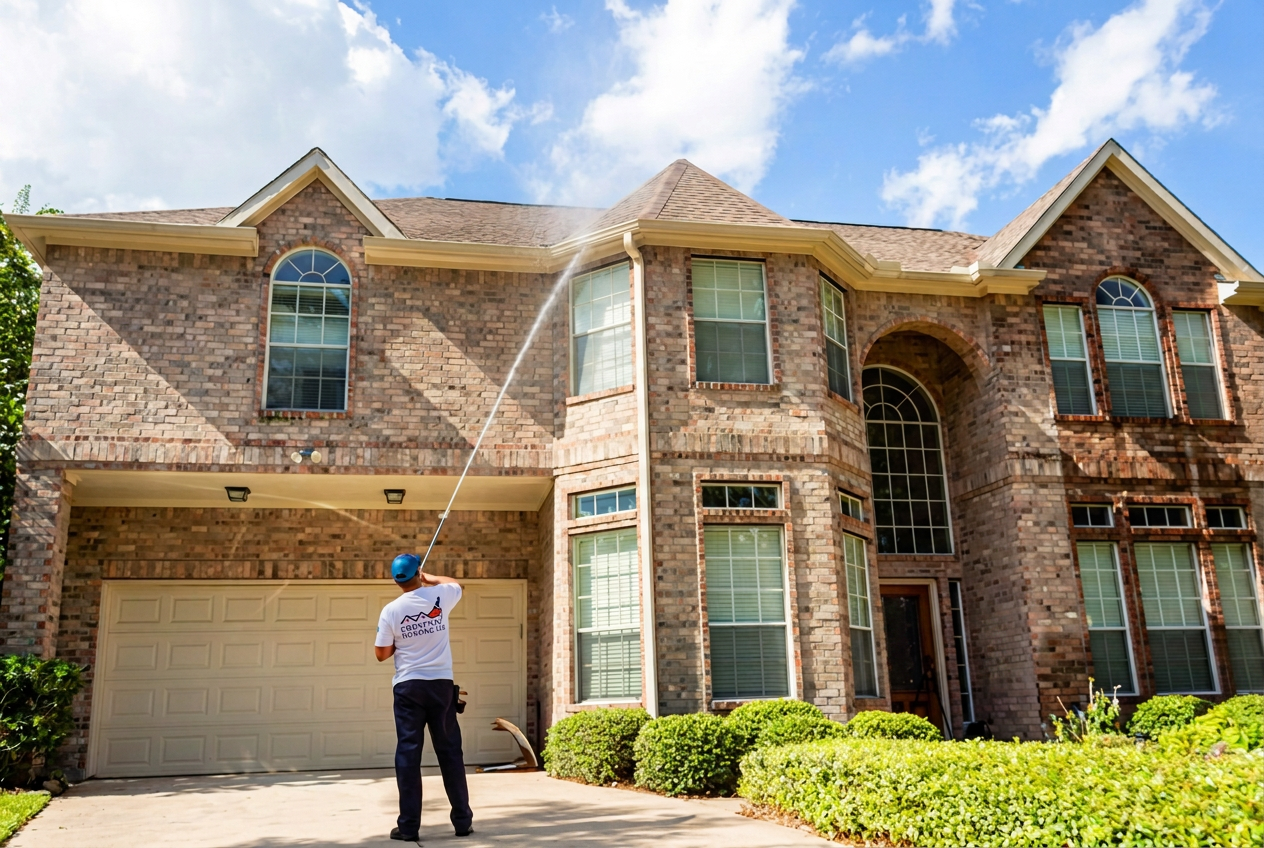 Creativo Painting worker in a branded white shirt pressure washing the brick exterior of a two-story home