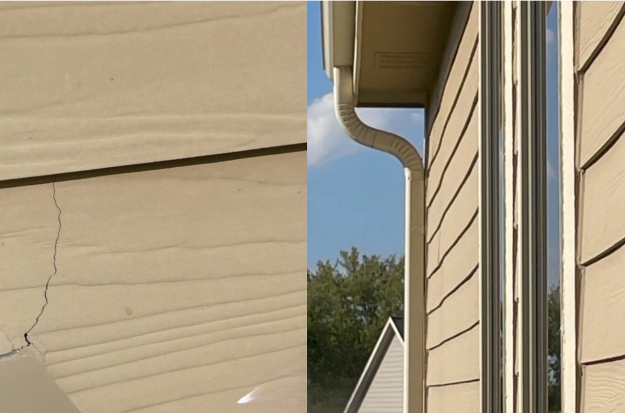 Before-and-after comparison of damaged siding replaced with new James Hardie fiber cement siding