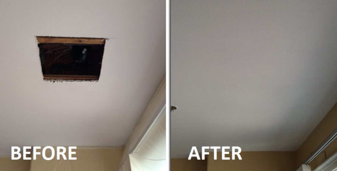 Ceiling sheetrock repair before and after — open hole in the ceiling repaired, textured, and repainted