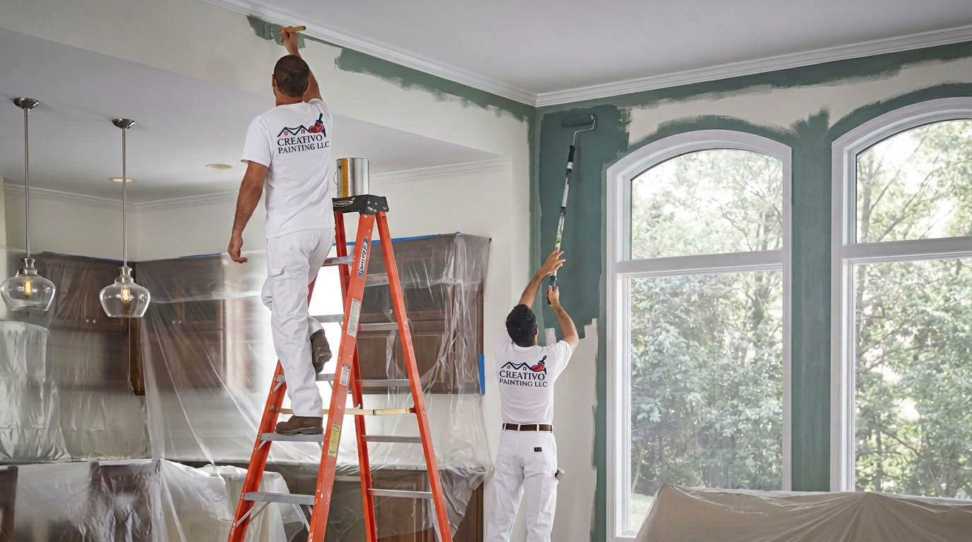 Two Creativo Painting crew members in white branded shirts painting a home interior, with furniture covered in plastic