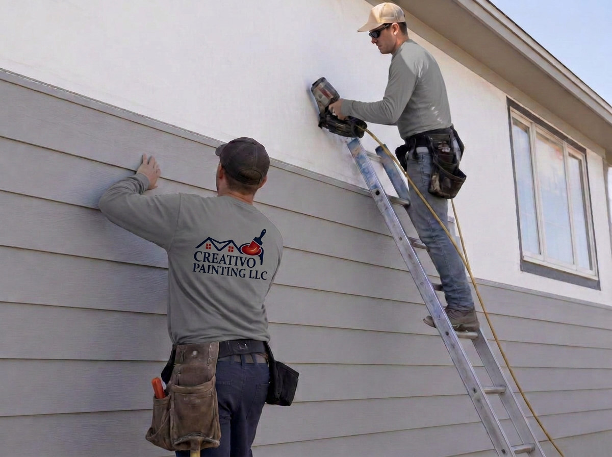 Two installers fastening new gray fiber cement lap siding to a home exterior