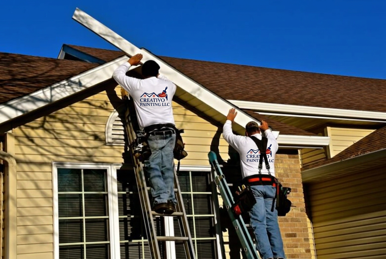 Two Creativo Painting crew members on ladders installing a new fascia board along a roofline
