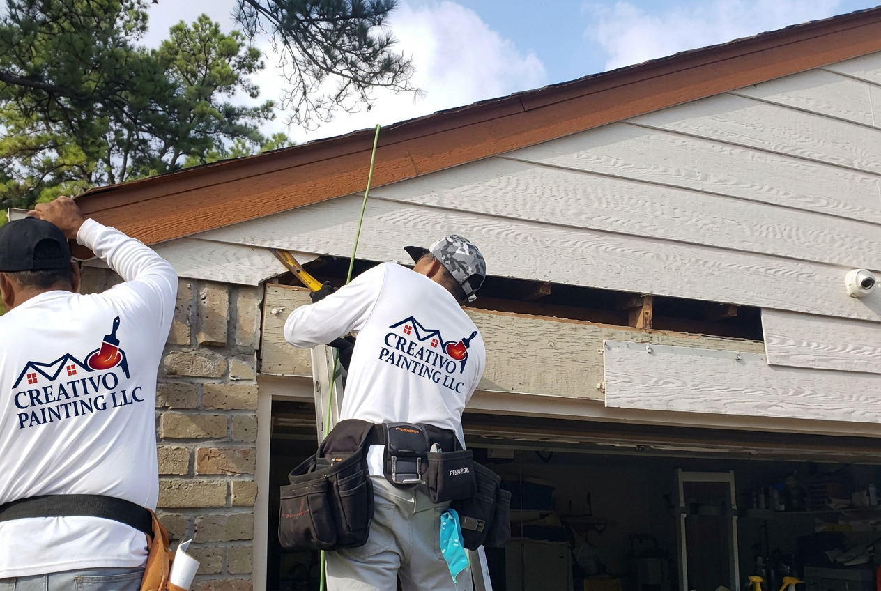Two Creativo Painting crew members in white branded shirts removing and replacing damaged siding above a garage