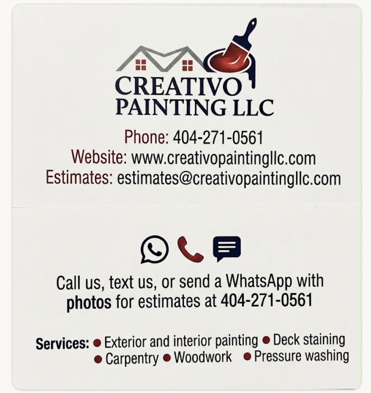 Creativo Painting LLC business card showing phone 404-271-0561, website, estimates email, and services