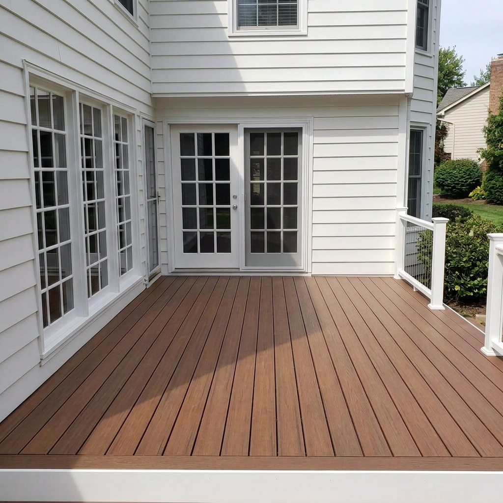 Finished deck with clean new boards leading to the back doors of a home