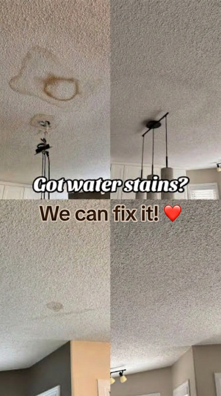 Ceiling water stain before and after — stained textured ceiling repaired, sealed, and repainted